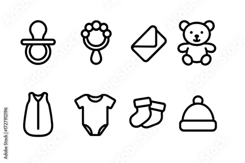 Crib Essentials Icons. Outline icon set of crib-related baby items: pacifier, teether, baby blanket, soft toy, sleep sack, onesie, baby socks, hat. Line icons