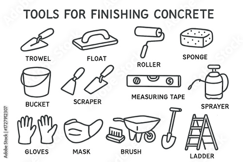 Concrete Tool Doodle. Hand-drawn doodle illustration Tools for finishing concrete [trowel, float, roller, sponge, bucket, scraper, level tool, measuring tape,