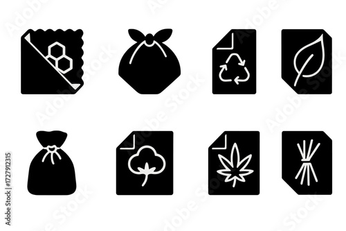 Eco Wrap Icons. Solid, filled icon set of eco-friendly wraps: beeswax wrap, cloth wrap, recycled paper wrap, biodegradable wrap, reusable wrap bag, cotton