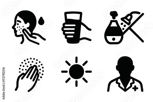 Dry Skin Remedies. Solid, filled icon set of dry skin treatment methods: apply moisturizer, drink water, use humidifier, avoid hot water, gentle exfoliation,