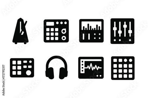 Music Production Icons. Solid, filled icon set of groove production tools: metronome, drum machine, sequencer, audio mixer, sampler, headphones, DAW, MIDI