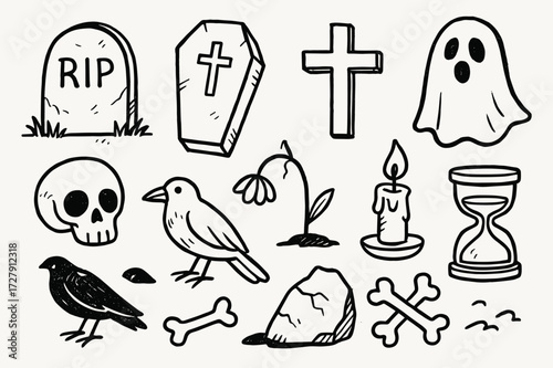 Eerie Tomb Iconography. Tomb. Hand-drawn doodle illustration gravestone, coffin, cross, skull, wilted flower, candle, crow, ghost, hourglass, bones, cracked