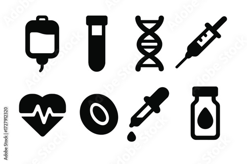 Blood Health Icons. Solid, filled icon set of blood types and health: blood bag, test tube, DNA strand, syringe, heart monitor, hemoglobin cell, dropper, blood