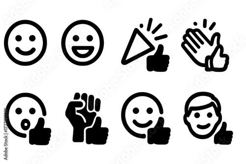 Approval Emotion Icons. Solid, filled icon set of approval emotions: happy face, smile, celebration, applause, excitement, confidence, satisfaction, pride.