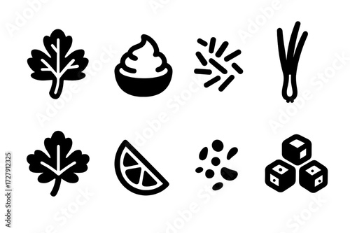 Bean Stew Toppings Icons. Solid, filled icon set of bean stew garnishes: parsley, sour cream, shredded cheese, green onions, cilantro, lemon wedge, chili