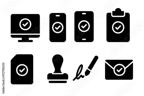 Approval Device Icons. Solid, filled icon set of approval devices: computer, smartphone, tablet, clipboard, document, stamp pad, signature pen, email. [Line