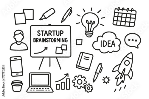 Startup Brainstorm Icons. Hand-drawn doodle illustration [startup brainstorming session] [whiteboard, marker, sticky notes, lightbulb, notebook, pen, laptop,