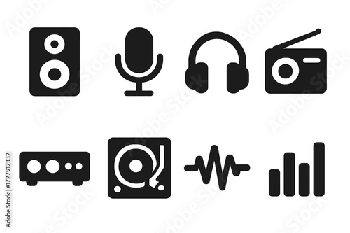 Audio Device Icons. Solid, filled icon set of sound devices: speaker, microphone, headphones, radio, amplifier, turntable, sound wave, equalizer. Solid, filled