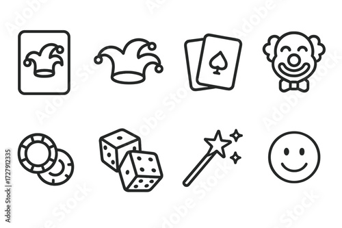 Joker Symbols Icon Set. Outline icon set of joker symbols: joker card, jester hat, playing cards, clown face, poker chips, dice, magic wand, smiley face. Line