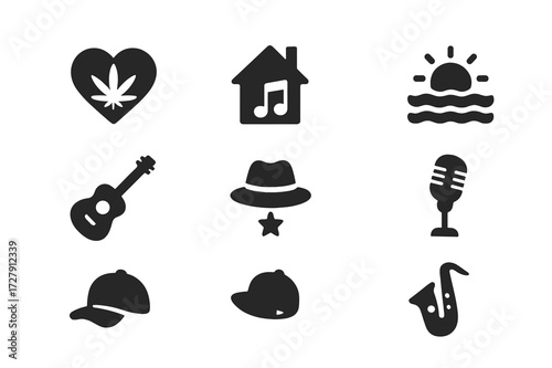 Music Genre Icons. Solid, filled icon set of vibes music genres: reggae, house, chillwave, indie, funk, soul, hip hop, jazz. Solid, filled icons in only black