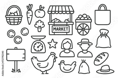 Village Market Doodle. Hand-drawn doodle illustration village market basket, vegetables, fruits, stall, cart, bag, coins, scale, star, people icons, chicken,