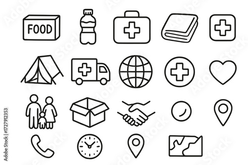 Disaster Relief Doodle. Hand-drawn doodle illustration Disaster relief supplies food package, water bottle, medical kit, blanket, tent, truck, globe, Red Cross