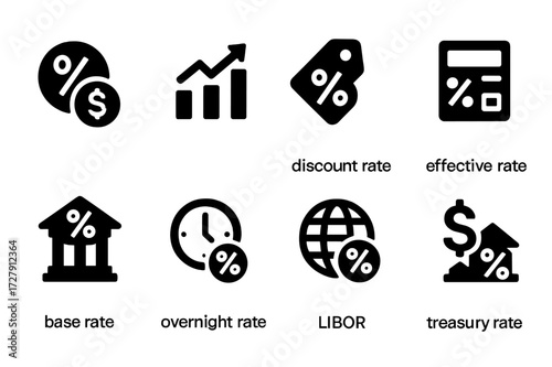 Interest Rate Icons. Solid, filled icon set of interest rate types: nominal rate, real rate, discount rate, effective rate, base rate, overnight rate, LIBOR,