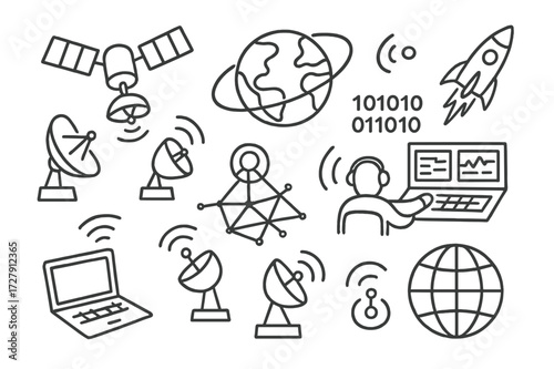Space Communication Icons. Hand-drawn doodle illustration [space communication] [satellite, ground station, signal waves, planet Earth, orbit path, rocket,