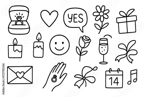 Engagement Symbols Doodle. Hand-drawn doodle illustration engagement and proposal traditions ring box, diamond ring, heart, flower, candle, gift, yes speech
