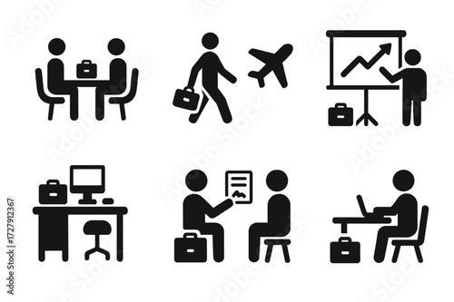Briefcase Icon Set. Solid, filled icon set of briefcase usage scenarios: business meeting, airport travel, office desk, client presentation, sales pitch,
