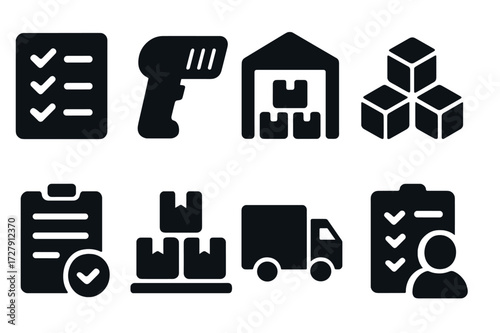 Inventory Icon Set. Solid, filled icon set of asset inventory: checklist, barcode scanner, warehouse, stockpile, inventory list, box stack, logistics truck,