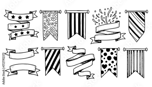 Vintage style ribbon banners and pennants for invitations, scrapbooking, and creative design projects with unique shapes and patterns