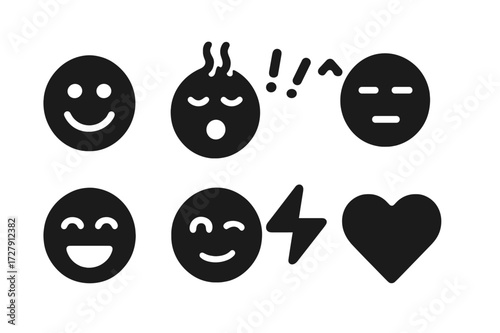 Vibrant Emotion Icons. Solid, filled icon set of vibes emotions: happiness, relaxation, excitement, calm, joy, nostalgia, energy, love. Solid, filled icons in