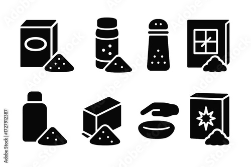 Powder Cleaning Icons. Solid, filled icon set of powder cleaning products: powdered detergent, scouring powder, talcum powder, baking soda powder, floor
