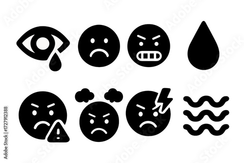Emotional Stress Icons. Solid, filled icon set of emotional stress: crying eye, frown, clenched jaw, tear drop, red alert face, frustration, anger symbol,