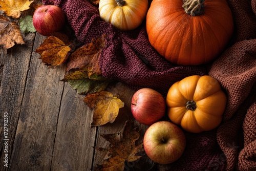A rich autumnal display featuring pumpkins, apples, and colorful fall leaves arranged on a rustic wooden surface, draped with a maroon knitted blanket.