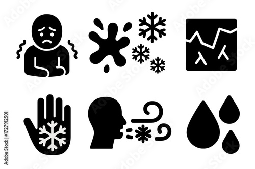 Cold Icons Collection. Solid, filled icon set of cold water effects: shivering person, cold splash, ice crystals, frozen surface, frostbite symbol, icy breath,
