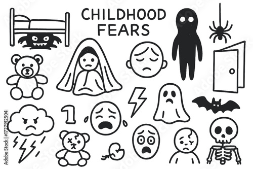 Childhood Fears Doodle. Hand-drawn doodle illustration Childhood fears [monster under bed, shadow figure, teddy bear, blanket, closed eyes, crying face, door