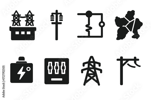 Power Distribution Icons. Solid, filled icon set of power distribution: substation, transformer, circuit diagram, power grid map, voltage regulator,