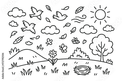 Nature's Doodle Flight. Hand-drawn doodle illustration [Field with birds flying above] [bird, cloud, tree, hill, flower, grass, sun, breeze line, feathers,