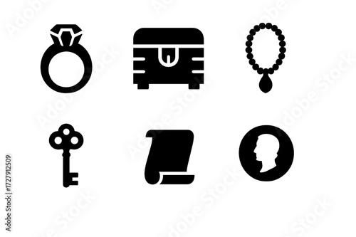 Heirloom Icon Collection. Solid, filled icon set of heirloom objects: antique ring, family chest, necklace, vintage key, old coin, seal, scroll, crown. Solid,