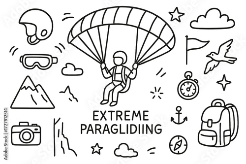 Extreme Paragliding Doodles. Hand-drawn doodle illustration extreme paragliding paraglider, parachute, helmet, goggles, harness, mountain, cliff, flag, star,
