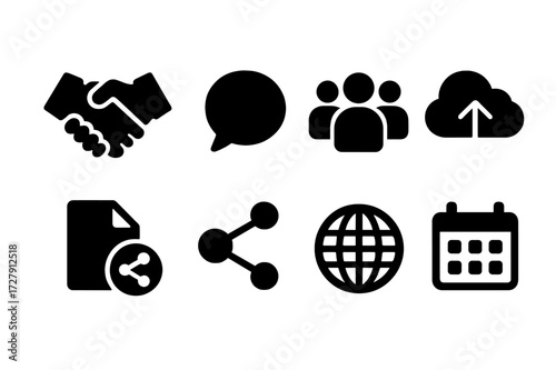 Collaborative Ideas Icons. Solid, filled icon set of collaborative ideas: handshake, chat bubble, group, cloud storage, shared document, network, globe,