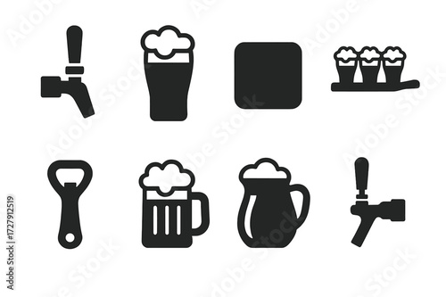 Beer Icon Set. Solid, filled icon set of beer serving: tap handle, draft beer glass, coaster, beer flight tray, bottle opener, foam head, beer pitcher, tap