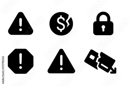Loan Risk Icons. Solid, filled icon set of loan risk: caution sign, broken dollar, alert triangle, locked padlock, stop sign, warning mark, cracked credit
