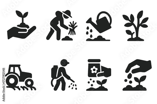 Farming Activity Icons. Solid, filled icon set of farming activities: planting, harvesting, watering, fertilizing, pruning, tilling, spraying, seeding. [Line