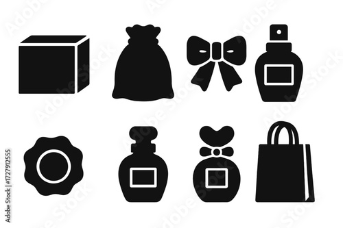 Perfume Packaging Icons. Solid, filled icon set of perfume packaging: box, pouch, ribbon, label, spray cap, seal, stopper, gift bag. Solid, filled icons in