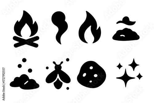 Fire Ritual Icons. Solid, filled icon set of fire ritual natural elements: burning wood, smoke plume, flame flicker, ember, ash, firefly, glowing coal, sparks.