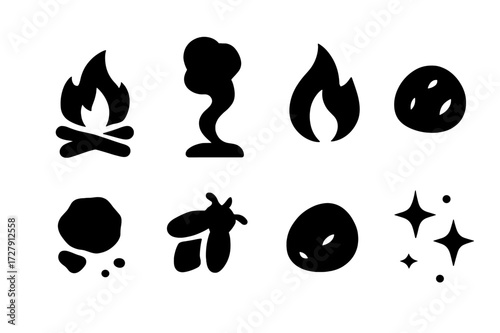 Fire Ritual Icons. Solid, filled icon set of fire ritual natural elements: burning wood, smoke plume, flame flicker, ember, ash, firefly, glowing coal, sparks.