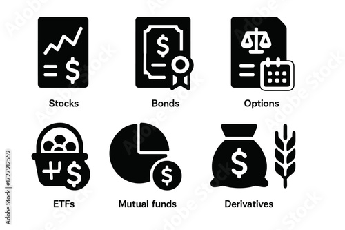 Wall Street Icons. Solid, filled icon set of Wall Street finance products: stocks, bonds, options, futures, ETFs, mutual funds, derivatives, commodities.