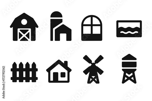Farming Infrastructure Icons. Solid, filled icon set of farming infrastructure: barn, silo, greenhouse, irrigation canal, fence, farm house, windmill, water