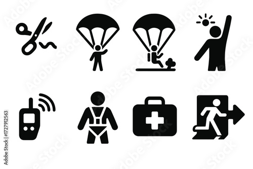 Parachute Emergency Icons. Solid, filled icon set of parachute emergency procedures: cutaway, reserve deployment, emergency landing, distress signal, radio