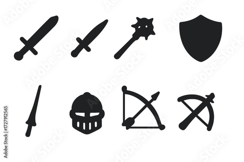 Chivalry Weapons Icons. Solid, filled icon set of chivalry weapons: longsword, dagger, mace, shield, lance, helmet, bow, crossbow. Solid, filled icons in only