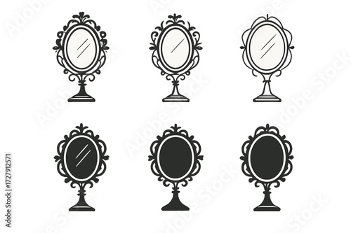 Vintage Mirror Logos. Vintage mirror. Set Logo of vintage mirror: Decorative wall mirror with intricate pattern icon. harmonious logo variations of the same