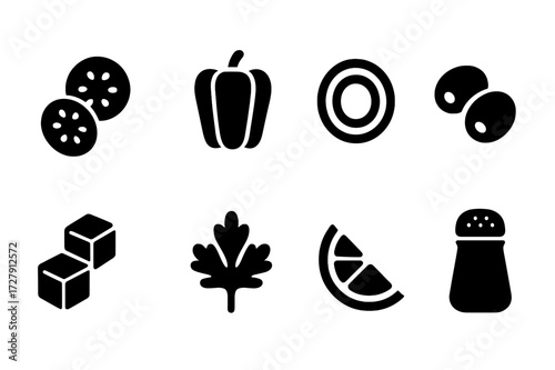 Salad Ingredients Icons. Solid, filled icon set of salad ingredients: cucumber slices, bell peppers, red onions, olives, feta cheese, parsley, lemon wedge,