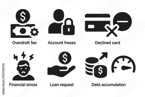 Overdraft Consequences Icons. Solid, filled icon set of overdraft consequences: overdraft fee, account freeze, declined card, negative balance, financial