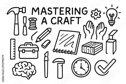 Craftsmanship Tools Doodle. Hand-drawn doodle illustration Mastering a Craft hammer, chisel, thread spool, pencil, gear, hands, idea bulb, sketchpad, wood