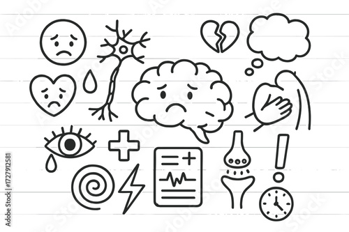 Emotional Pain Symbols. Hand-drawn doodle illustration emotional aspects of pain brain with heart, sad face, tear drop, nerve cell, broken heart, thought