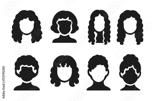Ringlet Haircut Icons. Solid, filled icon set of ringlet haircuts: layered curls, bob with ringlets, long ringlets, shoulder-length ringlets, pixie with curls,