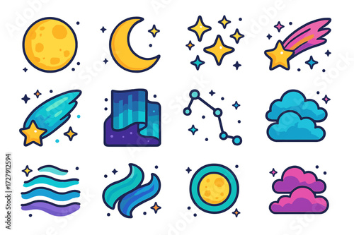 Night Sky Icons. Night sky elements. Colorful isometric vector icons set of Night sky elements: full moon, crescent moon, twinkling stars, shooting star,